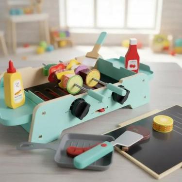 Imagem de Cozinha Infantil Hape Madeira Churrasqueira 3 em 1 com 24 Peças Pedagó
