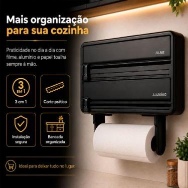 Imagem de Porta Papel Toalha Aluminio Filme Plastico 3 Em 1 Suporte De Parede Pr