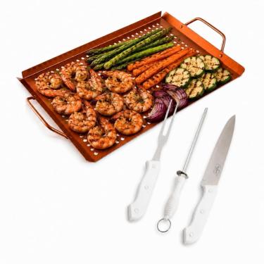 Imagem de Kit Churrasco Grill&pizza Bandeja Grelha com Faca Garfo e Chaira Aço Inoxidável Prata Prana Gourmet KITGPC81GP02