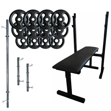 Imagem de Kit Anilhas 40kg + 2 Barras 40cm + Barra 150 + Banco Supino