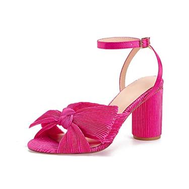 Imagem de YIYA Sandálias femininas plissadas de salto com laço, bico aberto, tira no tornozelo, salto grosso, vestido de festa, noiva e casamento, Rosa 8 cm, 36