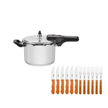 Imagem de KIT - Panela de pressão inox 4,5l Brava + Jogo de Churrasco J.Dynamic 12pçs - Tramontina