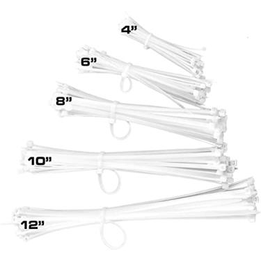 Imagem de Conjuntos de gravatas com zíper branco da Pro-Grade, vários tamanhos. O pacote de gravata de cabo de alta resistência tem prendedores de nylon resistentes aos raios UV. Envoltórios duráveis para armazenamento, organização e gerenciamento de fios, 4-6-8-10-12, white cable ties