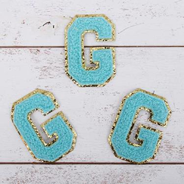 Imagem de Pacote com 3 adesivos de Chenille Iron On Glitter Varsity Letter 5 cm de altura "G" - Tecido de chenille azul com acabamento em glitter dourado - Costurar ou passar a ferro - 5 cm BLU G