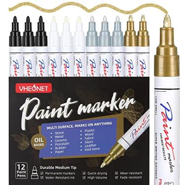 Imagem de VHEONET Conjunto de canetas marcadoras à base de óleo à prova d'água para pintura de pedras, madeira, tecido, plástico, tela, cerâmica, vidro, caneca, artesanato DIY (ouro, prata, preto e branco, 12)