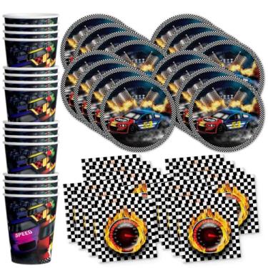 Imagem de Conjunto de artigos para festa de aniversário de dia de corrida - Suprimentos para festa de aniversário de corrida - Suprimentos para festa de corrida - Aniversário de carro de corrida - Aniversário para meninos | Conjunto de talheres inclui pratos, guardanapos e copos | Kit para 16