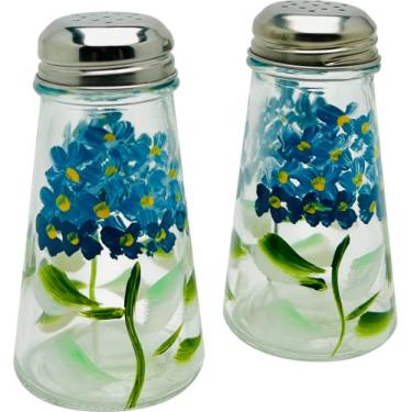 Imagem de Conjunto de saleiro e pimenteiro de hortênsias azuis cônicas pintadas à mão