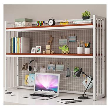 Imagem de KIZQYN Estante de 2 camadas de moldura de aço branco prateleira de mesa rack de armazenamento de escritório estante de mesa com evitar queda de grade de metal organizador estante (cor: marrom, tamanho: 115cmx24cmx89cm)