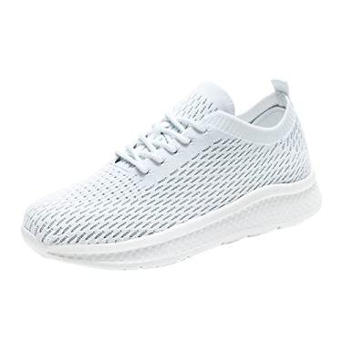 Imagem de Sapato feminino de salto plano malha respirável confortável cadarço sapatos casuais confortáveis tênis de corrida elegante salto baixo feminino (branco, 35)