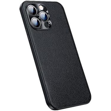 Imagem de IOTUP Capa traseira de telefone de couro genuíno, para Apple iPhone 12 Pro Max (2020) capa com padrão de lichia de 6,7 polegadas [proteção de câmera atualizada] (Cor: Preto)