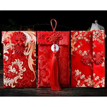 Imagem de Envelopes vermelhos de seda, 3 pacotes de envelopes para cartões HongBao para presente Bolsos vermelhos para dinheiro da sorte para o ano novo, festival de primavera, aniversário e casamento