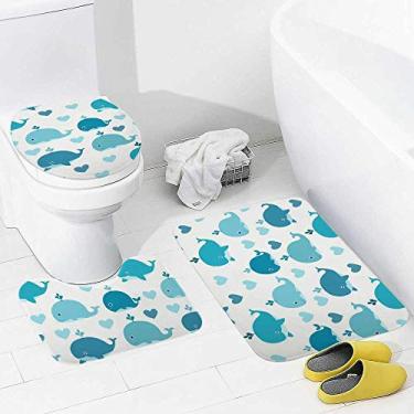 Imagem de Conjunto de tapetes de banheiro e 3 peças de baleia azul oceano, tapete de banheiro de espuma viscoelástica lavável antiderrapante tapete e tampa para banheiro