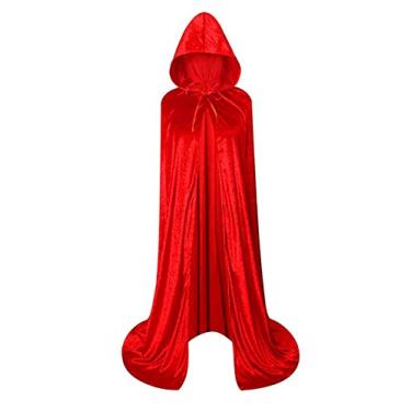 Imagem de Bestgift — Roupão de Halloween com capuz de comprimento total para o Dia das Bruxas com capa longa de veludo para cosplay fantasia vermelha 130 cm