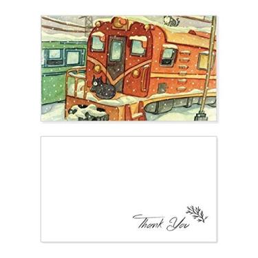 Imagem de Miaoji Pintura gato inverno trem de neve cartão de agradecimento aniversário aniversário lembrança casamento agradecimento