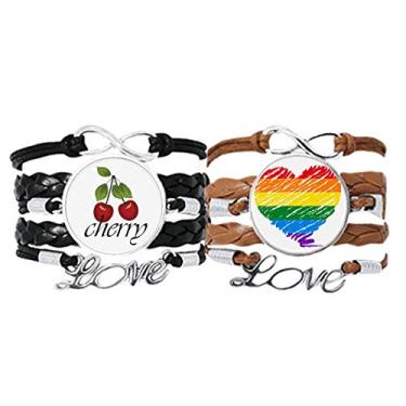 Imagem de DIYthinker Pulseira LGBT de coração lésbico arco-íris gay pulseira de mão corda de couro cereja amor conjunto duplo