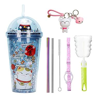 Imagem de seelucky Caneca de viagem de gato da sorte com canudo azul copo de bebida com alça copo de festa unicórnio roxo copo de gelo para piquenique festa aniversário (gato sortudo azul, 430 ml)