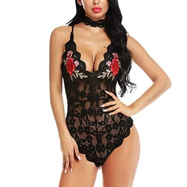 Imagem de Bigfanshu Roupa íntima feminina de renda sexy com decote em V Body Teddy Lingerie Macacão bordado com gola preta