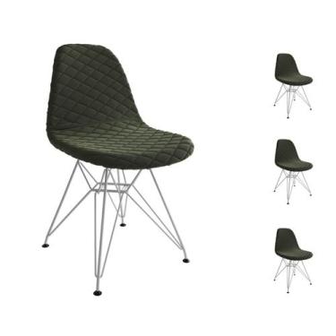Imagem de Kit 4 Cadeira Jantar Estofada Verde Eames Base Ferro Branco - Império