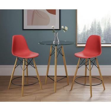 Imagem de Mesa Bistrô Eames Eiffel Vidro Com 2 Banquetas Vermelhas De Madeira - Cor: Vermelho