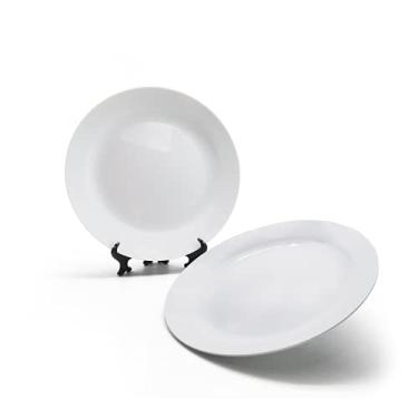 Imagem de MR.R Conjuntos de 2 placas planas de cerâmica branca com suporte, pratos de porcelana. Prato redondo de sobremesa ou salada de 25,4 cm, sem chumbo, seguro para micro-ondas, forno e freezer
