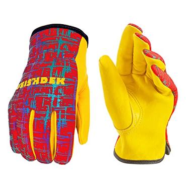 Imagem de Luvas de trabalho de couro legítimo para crianças, luvas de trabalho de jardinagem infantis, luvas de segurança, reflexivas, design respirável, perfeitas para jardinagem infantil, bicicleta, trabalho no quintal, caminhadas, faça você mesmo e atividades ao ar livre (médio, vermelho, 7 – 9 anos)