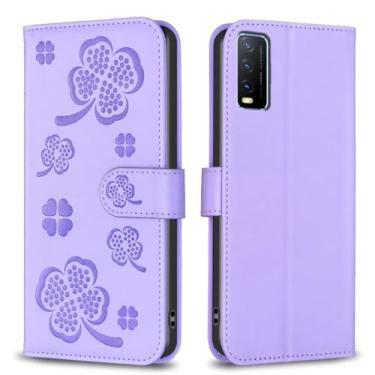 Imagem de Para vivo Y20, capa carteira com 3 cartões e 1 compartimento para dinheiro, capa de telefone flip de couro PU à prova de choque compatível com vivo Y20 6,5 polegadas (roxo)