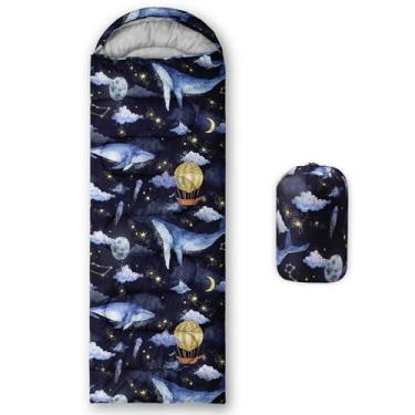 Imagem de QOOMO Sacos de dormir com estampa de baleias de céu estrelado, 3 estações, clima quente e frio, leve, sacos de dormir à prova d'água para adultos e crianças, viagens e ao ar livre, equipamentos de