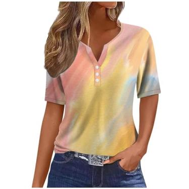 Imagem de Camisetas femininas de manga curta outono verão gola V gradiente ajuste solto tie dye longo camiseta feminina 2024, D-70 multicolorido, M