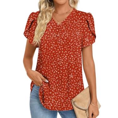Imagem de HOTGIFT Túnica feminina de verão 2024, casual, manga curta, gola em V, botões, camisetas de chiffon para leggings macias e confortáveis, Bolinhas vermelhas, 3G