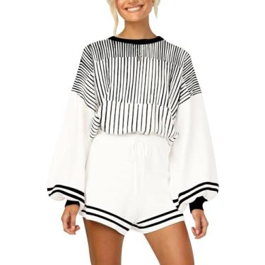 Imagem de Arssm Conjunto de suéter feminino de 2 peças, casual, listrado, manga comprida, pulôver de malha e conjuntos de agasalho curto (preto-PP), Preto, X-Small