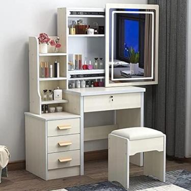 Imagem de Conjunto de mesa de toucador grande com espelho deslizante iluminado, penteadeira de maquiagem com prateleiras ocultas e banco acolchoado, conjunto de banco de mesa de toucador de 4 gavetas