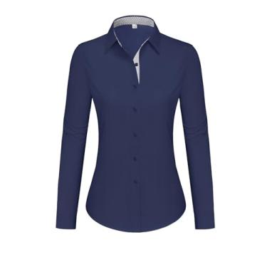 Imagem de siliteelon Camisas femininas com botões de algodão e manga comprida para mulheres, sem rugas, blusa de trabalho elástica, Azul marinho, XXG