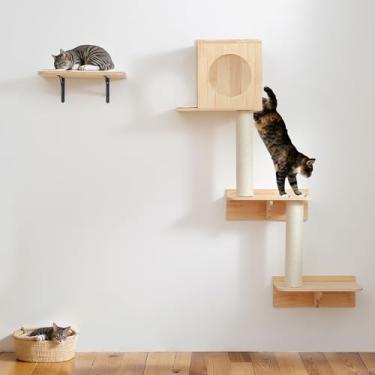 Imagem de Houseables Árvore de gato montada na parede, escalador de gato, prateleiras de escalada para gatinhos, prateleiras de móveis para gatinhos, casa flutuante, escadas, montagem, alpinista, condomínio