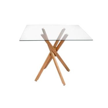 Imagem de Mesa Jantar Quadrada Vidro Temperado Base Akemi Madeira Maciça Sala estar (80cm)