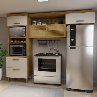 Imagem de Cozinha 2 Peças Armário Aéreo 2 Portas e Paneleiro Torre 2 Portas 1 Gaveta Princesa Freijó/Off White