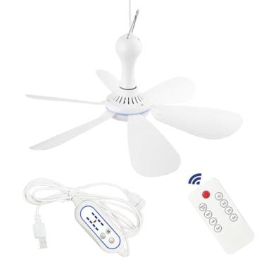 Imagem de SCOOYEEES Ventilador de teto silencioso alimentado por USB com controle remoto de 4 velocidades, 6 lâminas silenciosas pequenas CC USB Ventilador de teto pendurado para camas, dormitórios, trailers, tendas, quarto de casa, branco