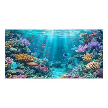 Imagem de Dizifinn Fundo de aquário subaquático, recifes de corais, peixes tropicais submarinos e recifes de corais, fundo de tanque de peixes de poliéster com 6 fitas dupla face EVA 122 x 61 cm/120 x 60