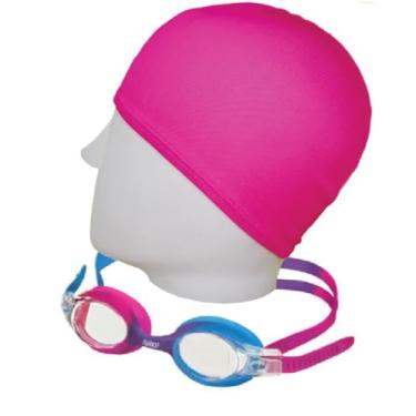 Imagem de Kit Natação Speedo Óculos Quick Jr + Touca Tecido Confortável Infantil 4 a 12 anos Lentes Proteção UV e Antiembaçante (óculos rosa/azul)