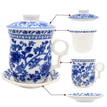 Imagem de Chá de porcelana com tampas de infusor e conjuntos de pires – Caneca de café de cerâmica Jingdezhen chinesa com sistema de preparação de chá de folhas soltas para home office, Wealth Blue and White