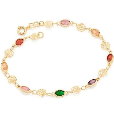 Imagem de Pulseira banhado ouro 3x 24k 18k e 22k feminina colorida pedra rosas c