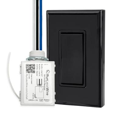Imagem de RunLessWire Conjunto de interruptor de luz sem fio e relé sem bateria com controle remoto de alcance RF de 45,7 m, alimentado por Kinetic Energy, kit de polo único faça você mesmo: 1 receptor liga