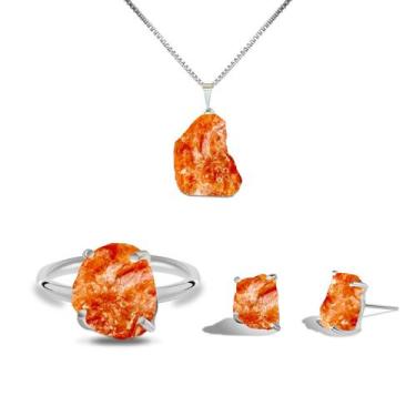 Imagem de Conjunto Natura Calcita Laranja - Cristal Natural, Banho Ouro 18k