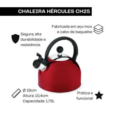 Imagem de Chaleira Aço Inox Com Apito Fixo 1,75L Hercules, Vermelho