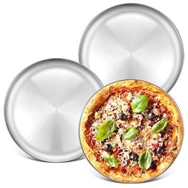 Imagem de Bandeja de pizza de aço inoxidável de 34 cm – Deedro bandeja de pizza redonda para assar pizza, bandeja antiaderente para assar pizza na máquina de lavar louça, bandeja de pizza segura, bandeja de pizza circular, pacote com 2, Prata, 3 Pack, 3