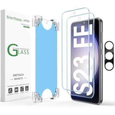 Imagem de amFilm Protetor de tela de vidro temperado OneTouch com alinhamento automático magnético + protetor de lente de câmera para Samsung Galaxy S23 FE 6.4, cobertura total compatível com identificação de
