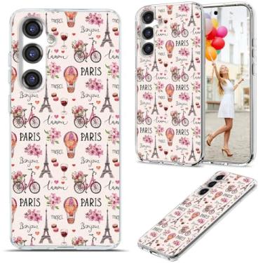 Imagem de AKORAVO Capa para Samsung Galaxy S24 Plus / S24+ para mulheres e meninas, capa protetora transparente de TPU macio à prova de choque para Galaxy S24 Plus / S24+, bicicleta flor rosa França Paris Torre