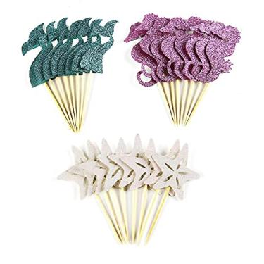 Imagem de Partico 24 Pieces Mermaid Theme Glitter Cupcake Topper Cake Picks Decoration for Baby Shower Birthday Party Favors, Mermaid Tail, Seahorse and Starfish Food Picks