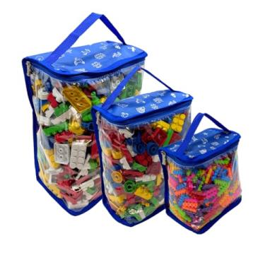 Imagem de Kit 3 Organizador Brinquedo Baú Blocos Montar Brinquedoteca Criança Quarto Infantil P, M e G (Azul)