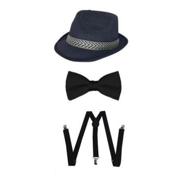 Imagem de Fantasia Gangster Mafia Chapéu Suspensório Gravata 3pçs - MC Presentes