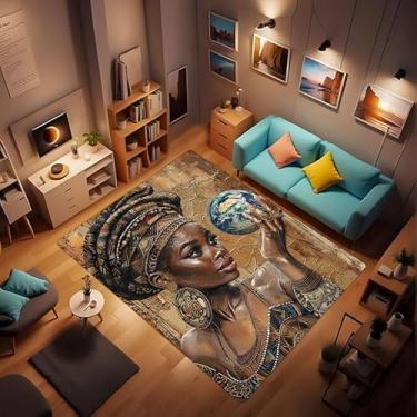 Imagem de LUCKYLEI Tapete artístico de mulher negra africana aborígene, menina indígena nativa americana usando cocar étnico, elemento de arte popular de mulher africana, gesto tribal de senhora indígena,